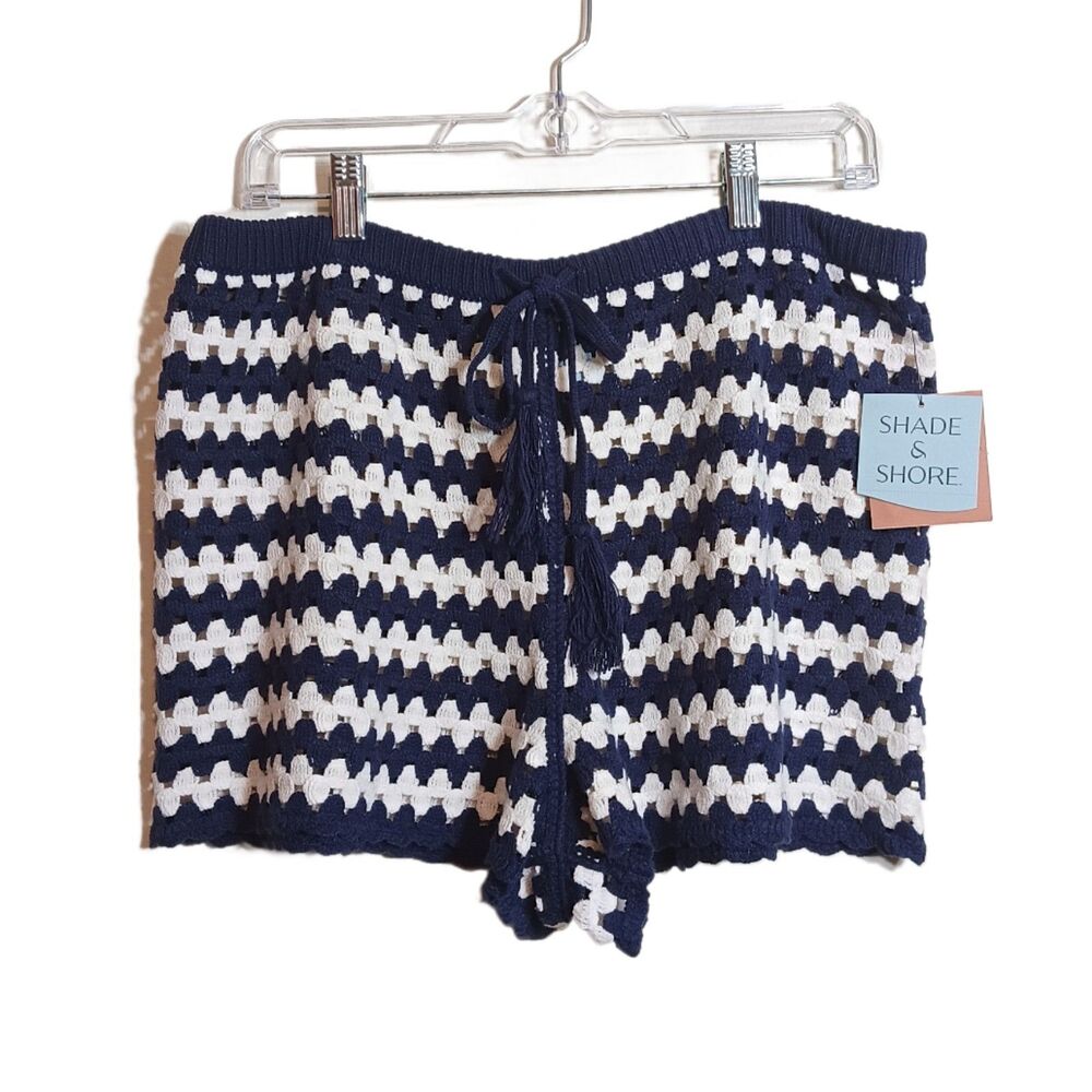 Shade & Shore Crochet Shorts Womens L Navy Cream Stripe Nautical Boho Swim Cover